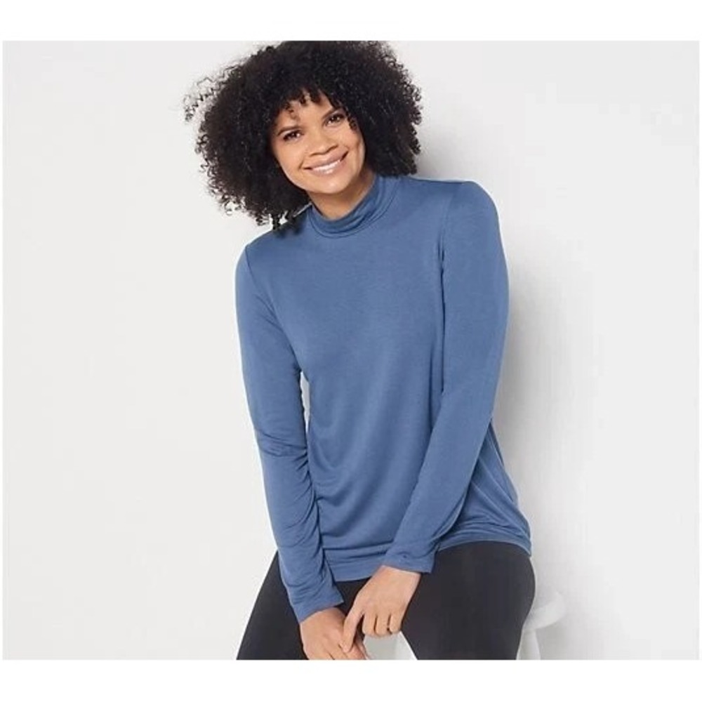 Susan Graver Weekend Cozy Jersey Knit Mock-Neck Top Womens L A399655 Blue
